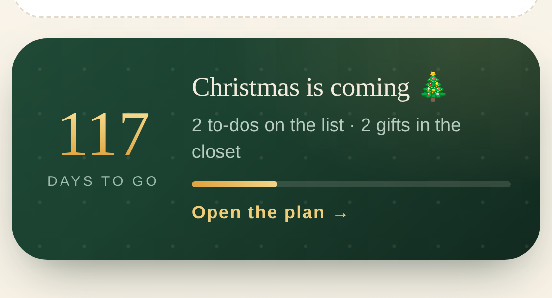 A Christmas countdown card showing days to go and gifts already in the closet